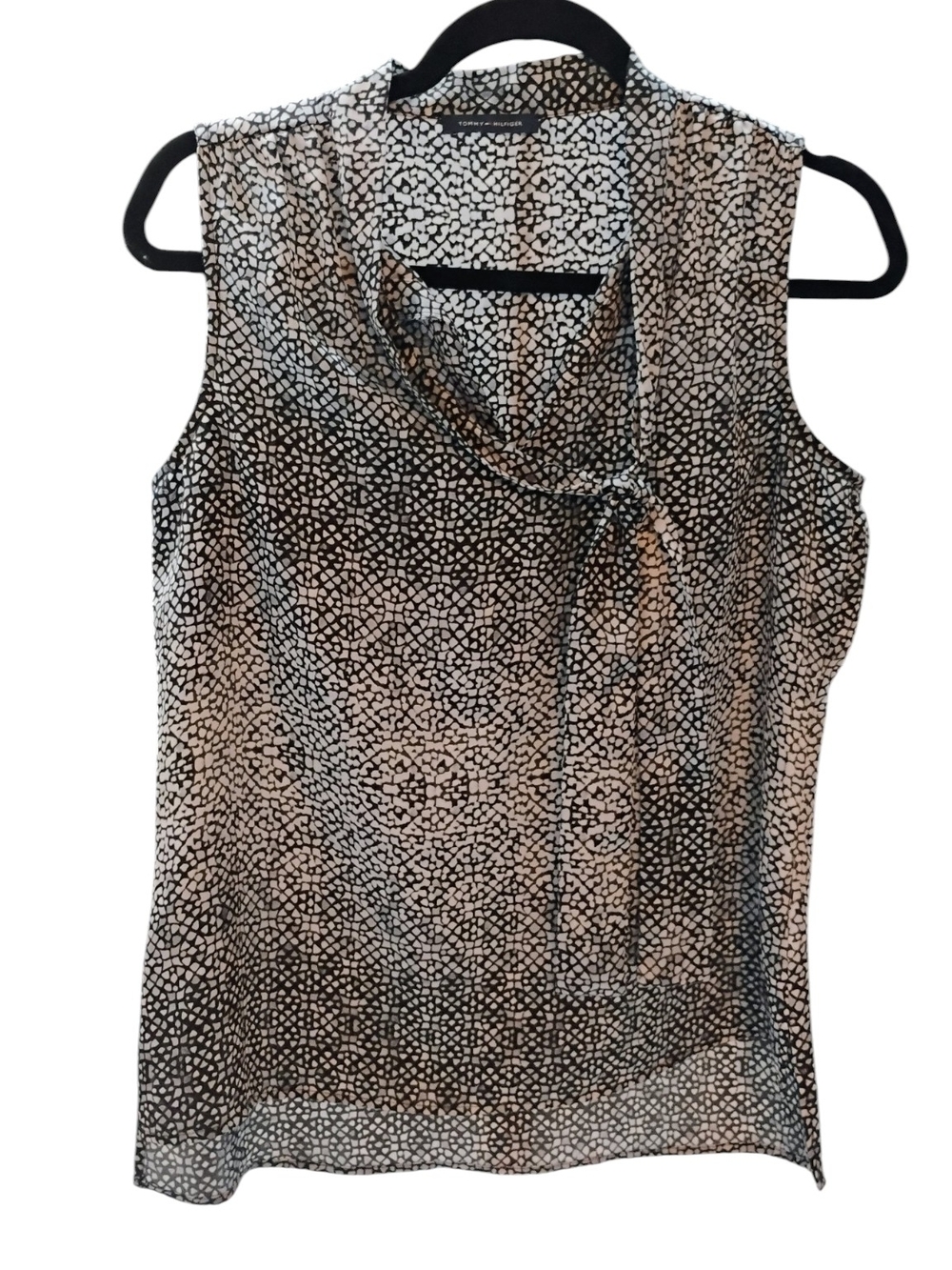 Tommy Hilfiger Black,White, Gray Sleeveless Tie-Neck Top SZ M/L